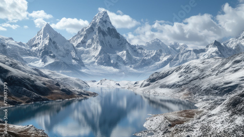 a mountain Everest lake is covered with snow with mountains around it Generative AI
