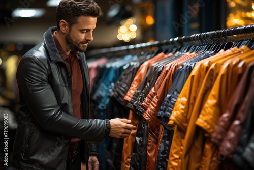 A fashion-conscious man stands on the bustling street, eyeing the array of jackets on display at a trendy store, his face contorted in contemplation as he imagines the perfect addition to his wardrob