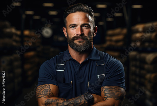 A rugged man with a heavily tattooed arm gazes intensely, his scruffy beard and raw flesh adding to the allure of his mysterious presence as he stands in an indoor setting