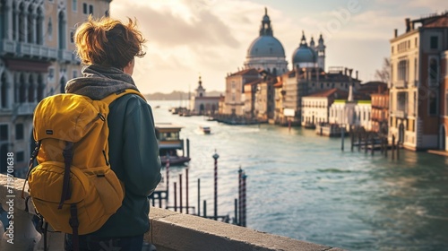 Young tourist traveler in Venice, Italy looking at Grand Canal and Basilica di Santa Maria della Salute.
