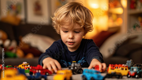 young boy playing with his toy vehicles in the room Generative AI