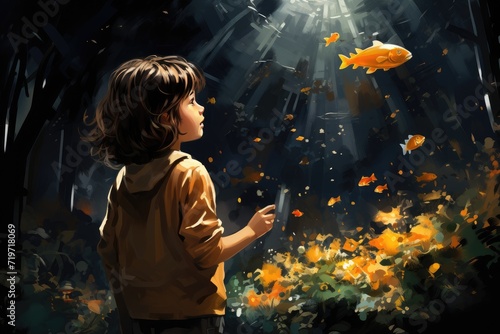 A curious child in their colorful clothing gazes in awe at a beautiful goldfish swimming in the aquarium, sparking their interest in the fascinating world of marine biology