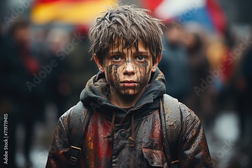 A young boy with a dirty and tear-stained face stands alone on a desolate street, his tattered clothing and unkempt appearance revealing a harsh reality of struggle and hardship