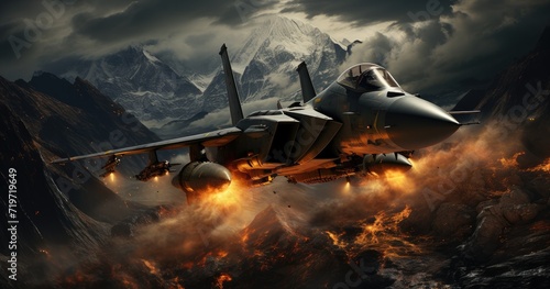 A sleek fighter jet soars through the clouds, navigating the rugged mountain terrain with precision and grace, embodying the power and adrenaline of aerial warfare in this exhilarating pc game