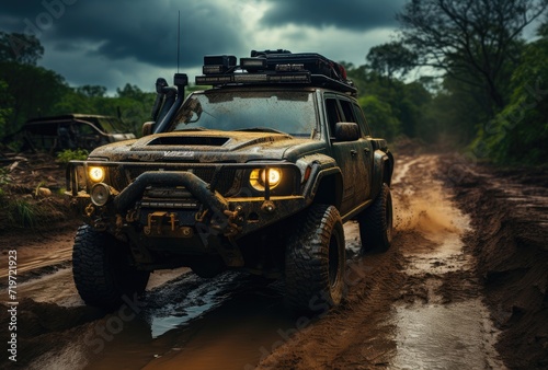 A rugged jeep conquers the treacherous terrain, its tires gripping the muddy road as it navigates through the vast open sky, showcasing the true power and versatility of this all-terrain vehicle