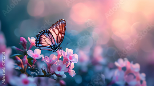 Butterfly and cherry blossoms with sparkling light, evoking spring magic.