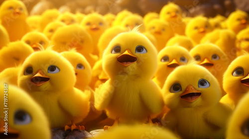 Crowd, a bunch of cartoon, cute, yellow close-up chickens, chicks.