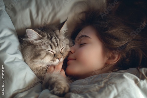 A young girl in a peaceful sleep, closely cuddled with a tabby cat in bed. Sweet Dreams with a pets