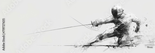 A fencer in a poised attack stance, the motion captured in a fluid black and white sketch, highlighting the finesse of fencing at the Summer Olympics.