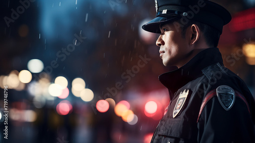 雨の中の夜の街に立つ警備員の横顔