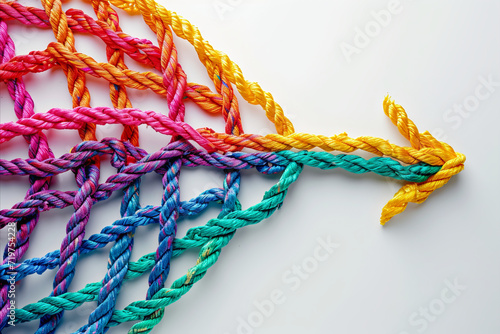A group of colorful ropes coming together to form a direction arrow. Teamwork concept