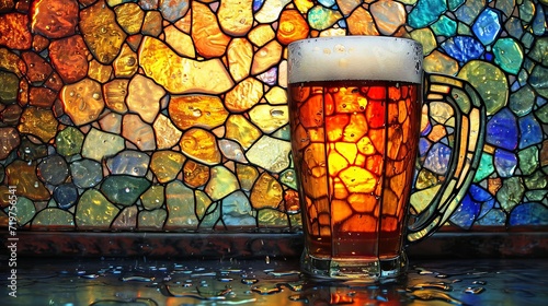 Stained glass window background with colorful abstract beer or alcohol drink glasses.