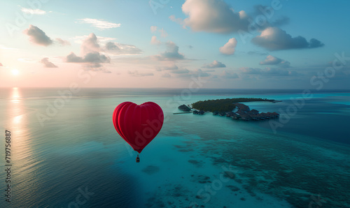 A red heart-shaped balloon flies over the paradise islands and sea
