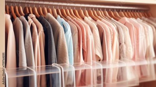 Closeup of a sectioned hanging closet organizer with different compartments for sweaters, longsleeve shirts, and dresses.