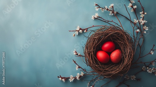 Red painted three Easter eggs in the nest made of blooming branches placed on blue background with copy space. Easter celebration concept.
