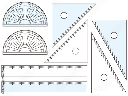 分度器と三角定規のセット(透明と水色)