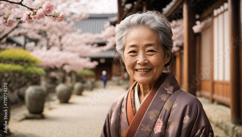 Anziana giapponese vestita con il tradizionale kimono in un tempio in primavera con i ciliegi in fiore