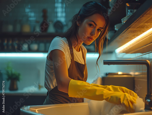 Close-up of cleaning staff at work. Young girl wearing uniform and yellow gloves cleaning in the kitchen area. Cinematic colors. Domestic staff