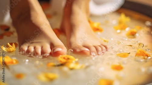 Closeup of a womans feet, soaking in a warm foot soak infused with essential oils and nourishing ingredients for soft, smooth skin.