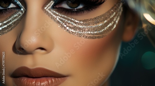 Closeup of a bold and glittery eyeshadow look, channeling the overthetop glam of the Great Gatsby era.