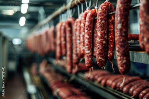 Sausages on drying racks in an industrial setting.