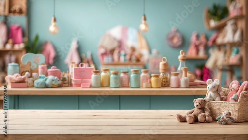 Empty wooden table for product display with blurry baby shop background