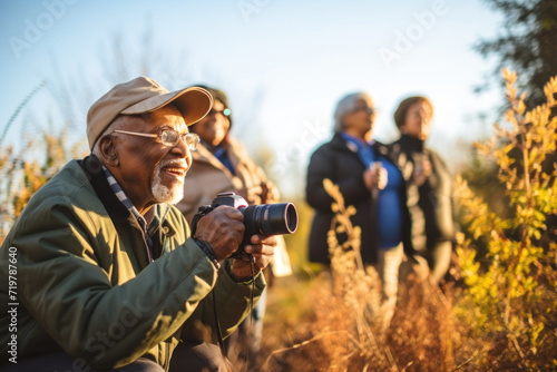 Senior nature photography club. group of senior african american people of taking photos of flora and fauna,