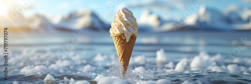 melting ice cream cone with icy background