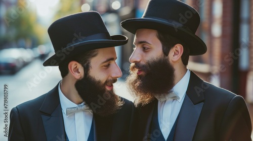 Two Jewish male wearing Reddit talking with friends at outside