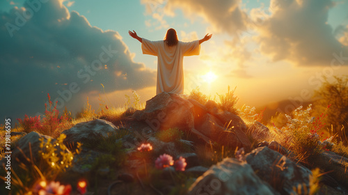 Jesus Christ stands on a rock with his hands raised to God