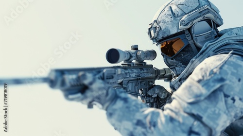 Cartoon digital avatar of a sniper in snow camo, keeping watch with a precision sniper rifle