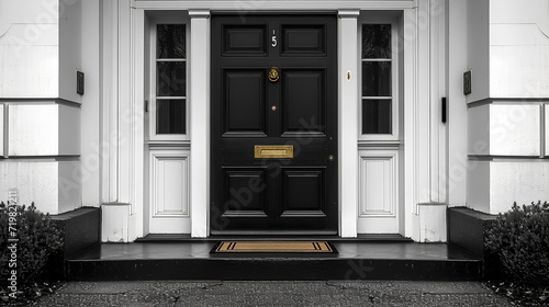 White House - entryway - front door - porch - black and white photograph - meticulous symmetry 