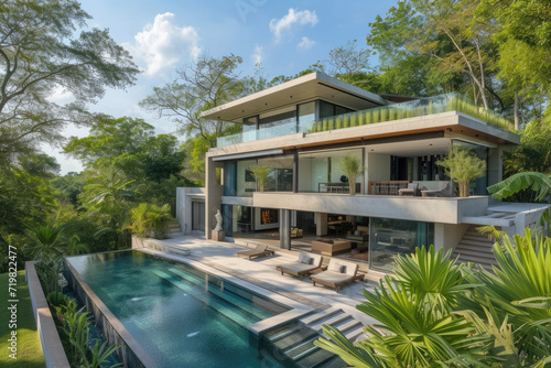 high view Modern villa with an open floor plan and a separate wing for the bedrooms is a design home. Large patio with pool and seclusion from the home