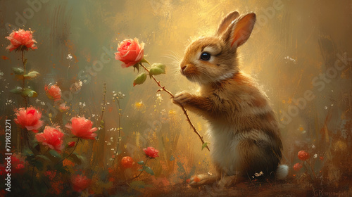 Anthropomorphic portrait of a rabbit with a rose in paw