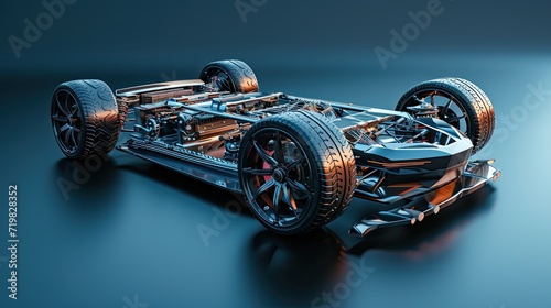 Futuristic electric sport fast car chassis and battery packs with high performance or future EV.