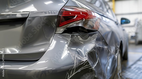 Car Repair, Close-Up of Grey Car's Rear Bumper Dent, Preparation for Painting