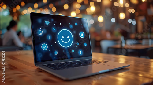 A laptop with a thumbs up icon and a smiley face
