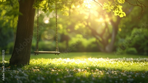 A swing hanging from a tree in a park with flowers on the grass