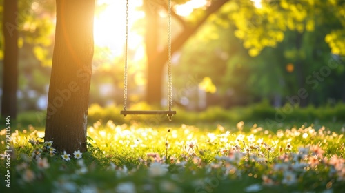 A swing hanging from a tree in a park with flowers on the grass