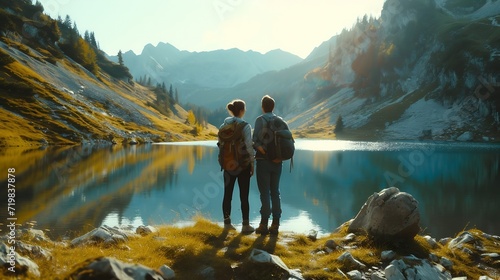 Travelers couple look at the mountain lake. Travel and active life concept with team. Adventure and travel in the mountains region in the Austria : Generative AI