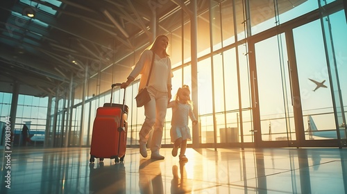Airport, family and child excited for flight with suitcase trolley on holiday, vacation or immigration journey and travel. Luggage of mother, father or diversity parents with girl kid : Generative AI