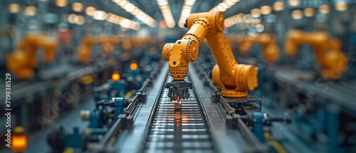 Automated production process industry robot arm in a factory, supervised by an engineer