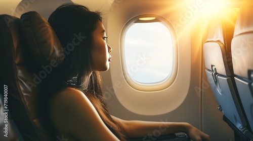 Asian woman sitting in a seat in airplane and looking out the window going on a trip vacation travel concept : Generative AI