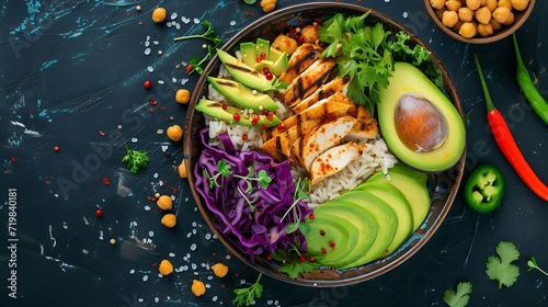 Grilled chicken, rice, spicy chickpeas, avocado, cabbage, pepper buddha bowl on dark background, top view. Delicious balanced food concept : Generative AI