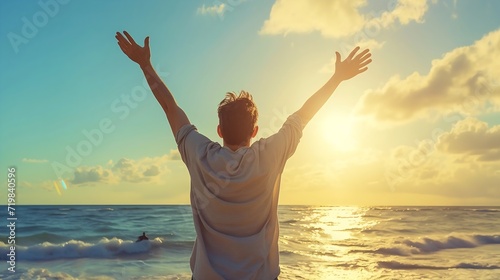 Back view of happy excited man raising arms up to blue sky - Hipster winner traveler enjoying summer sunset at the beach - Travel, mental health, success, business, tourism and life st : Generative AI