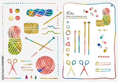 Vectorized illustration set of colorful yarn and various knitting tools decoration materials. with yarn frame and stitch lines.Recommended for craft stores, knitting class and all knitters.