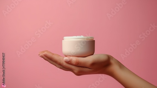 A woman hand holding cosmetic items with a big copy space against a clean backdrop with a beautiful text space, Generative AI.