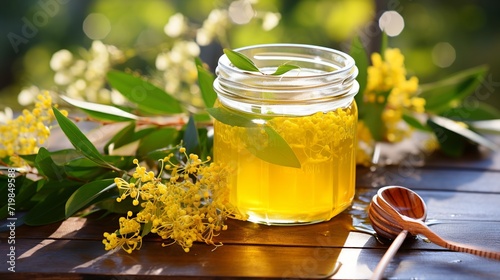 Acacia honey in a glass jar, a bee and a branch of blooming acacia isolated on a white background.
