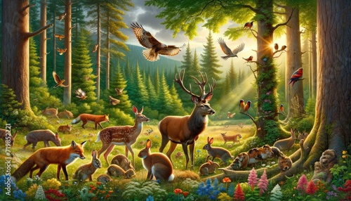 A detailed and vibrant image of a diverse group of animals in a natural landscape. The setting is a lush, green forest during early morning and animals group