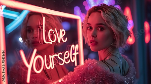 Beautiful blonde woman looking herself in mirror with love yourself written on it, Generative AI.